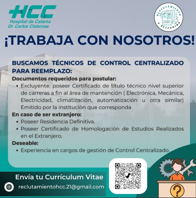 @HospitalCalamaOficial (@chospitalcalama) on Twitter photo Buscamos Técnicos de Control Centralizado, para reemplazo.
El plazo para recepción de antecedentes es hasta el 24/02/2025, mediante el correo reclutamientohcc.21@gmail.com
#Empleo #OportunidadLaboral #ControlCentralizado #Reclutamiento #Trabajo #Calama #hospitalcalama Buscamos Técnicos de Control Centralizado, para reemplazo.
El plazo para recepción de antecedentes es hasta el 24/02/2025, mediante el correo reclutamientohcc.21@gmail.com
#Empleo #OportunidadLaboral #ControlCentralizado #Reclutamiento #Trabajo #Calama #hospitalcalama