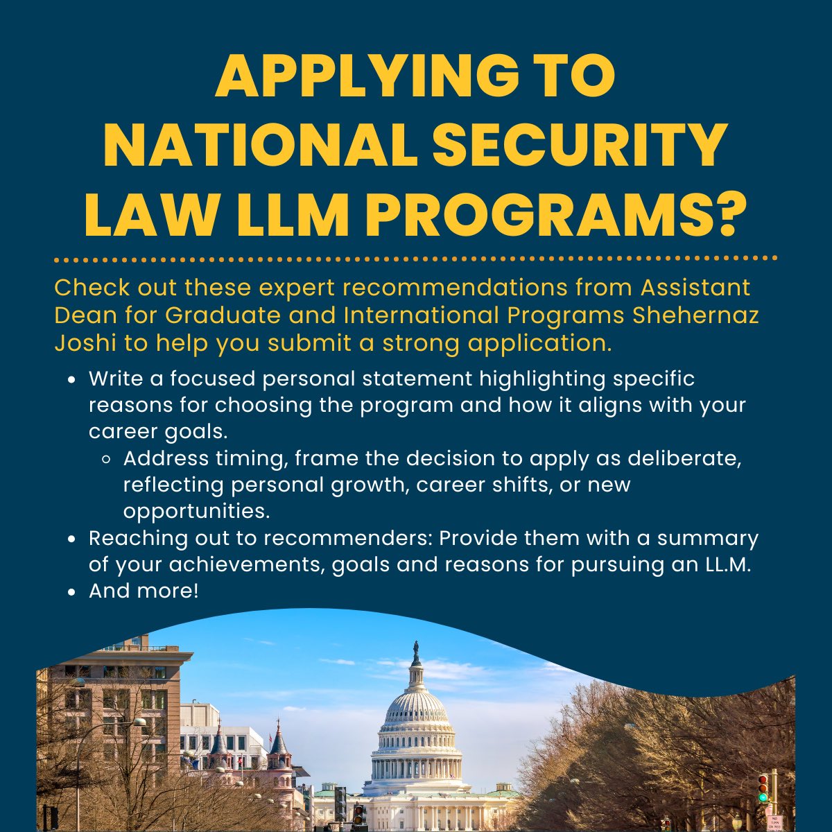 gwlawnatsec's tweet image. Applying to National Security Law LLM Programs?
Check out these expert recommendations from Assistant Dean for Graduate and International Programs Shehernaz Joshi to help you submit a strong application!
llm-guide.com/articles/on-de…