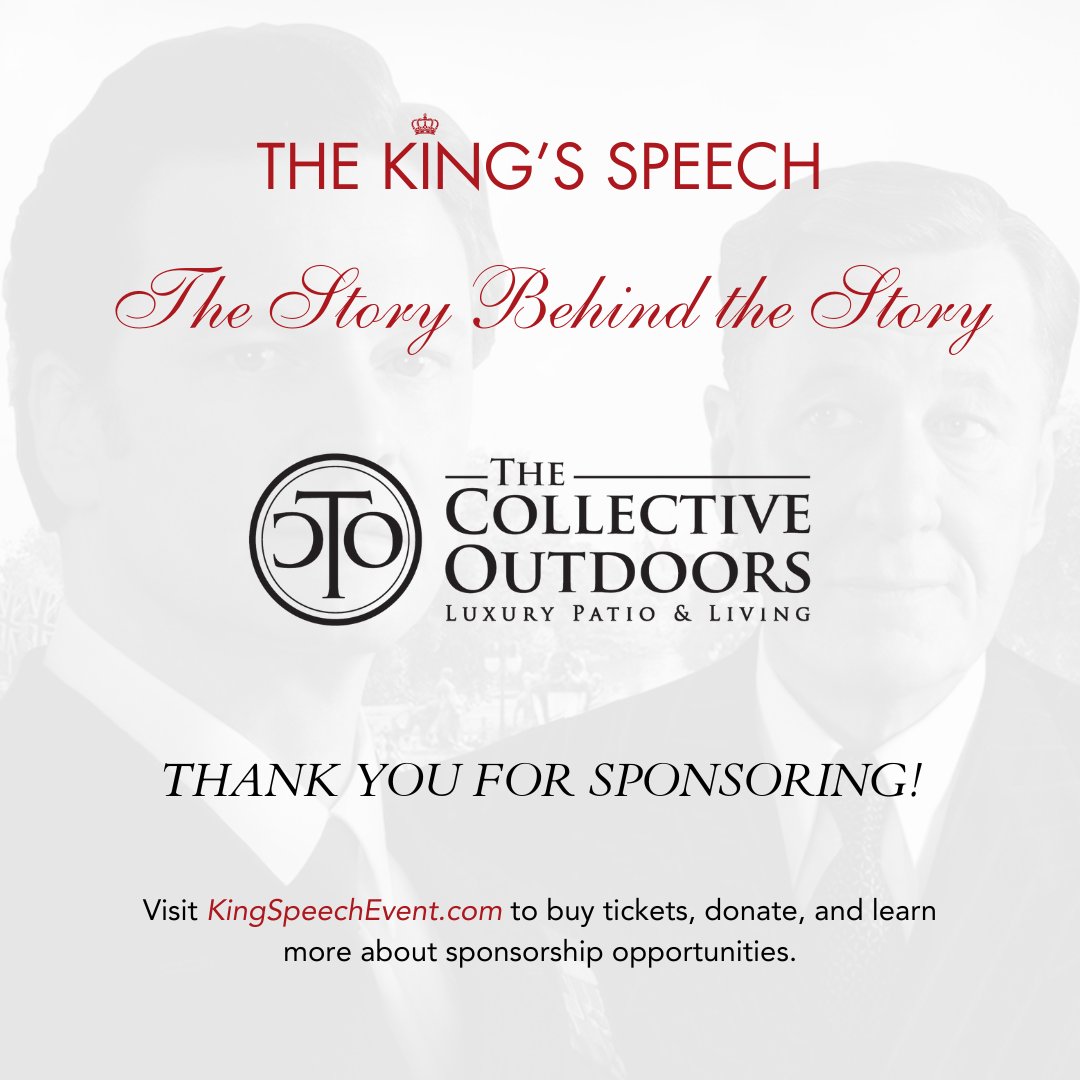 ExecMed's tweet image. Thank you The Collective Outdoors for sponsoring The Story Behind the Story charity event!

Visit kingspeechevent.com to learn more about this amazing charity event benefitting the National Stuttering Association.

#CharityEvent #WeStutter #KingSpeech