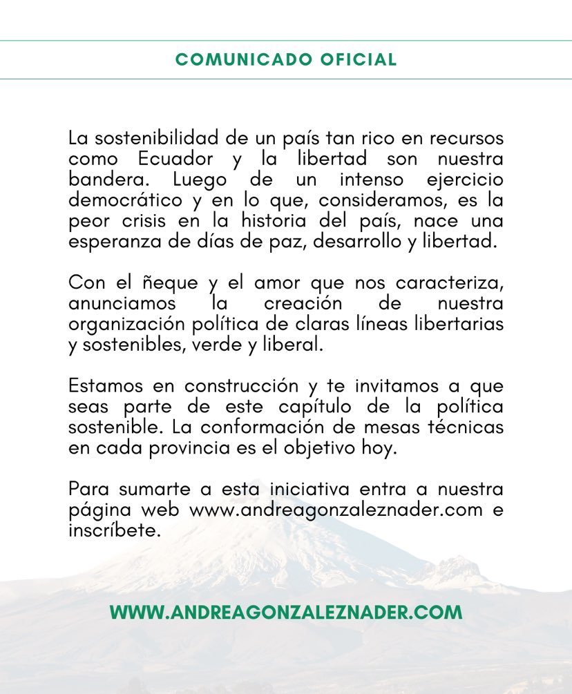 AndreGonzalezNa's tweet image. Creemos que un Ecuador sostenible es posible y necesario. Nuestro objetivo es claro y nuestra causa es real. Hoy inicia la historia de la política sostenible en el país y te invitamos a ser parte de ella. 💪🇪🇨✅