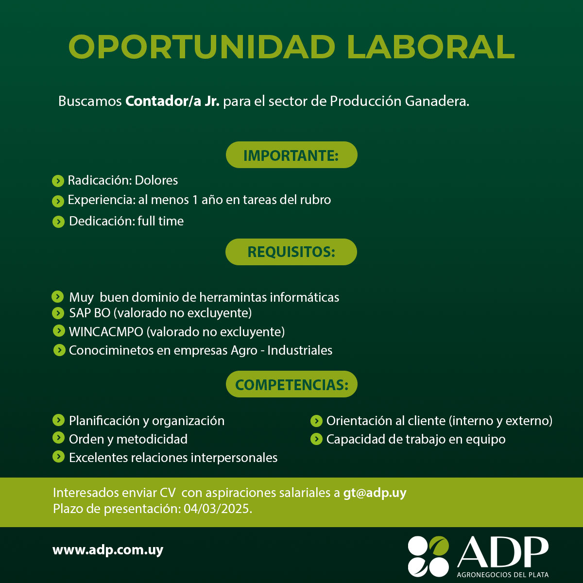 📢 ¡Sumate a nuestro equipo!
Buscamos Contador/a Jr. para el sector de Producción Ganadera.

📩 Si te interesa esta oportunidad, envianos tu CV a gt@adp.uy hasta el 04/03/2025