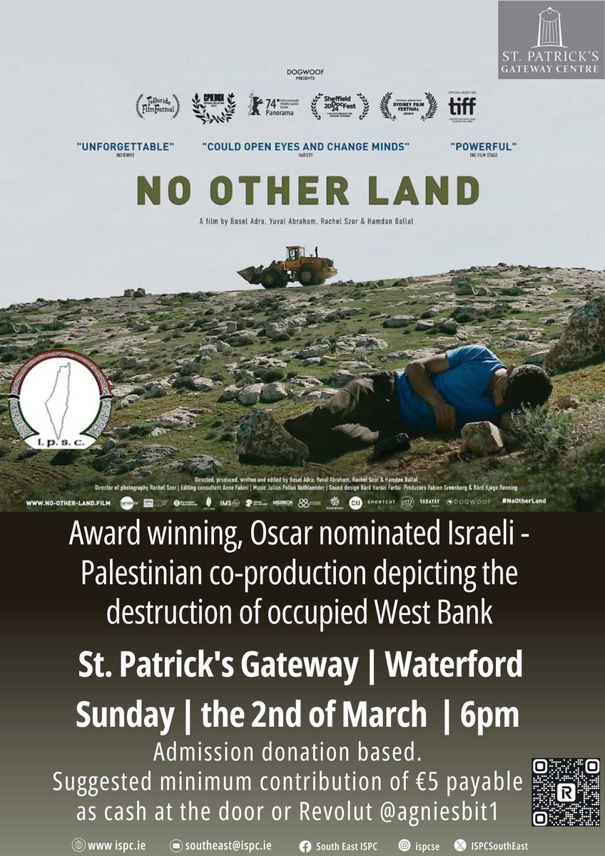 Join IPSE South East exclusive screening of award winning, #Oscar nominated documentary, No Other Land.
🗓️Sum, 02.03.25
🕕6pm
📍St. Patrick's Gateway, Patrick's St Waterford City 
Donation based admi. Min. contribution €5 (cash at the door or Revolut to revolut.me/agniesbit1
