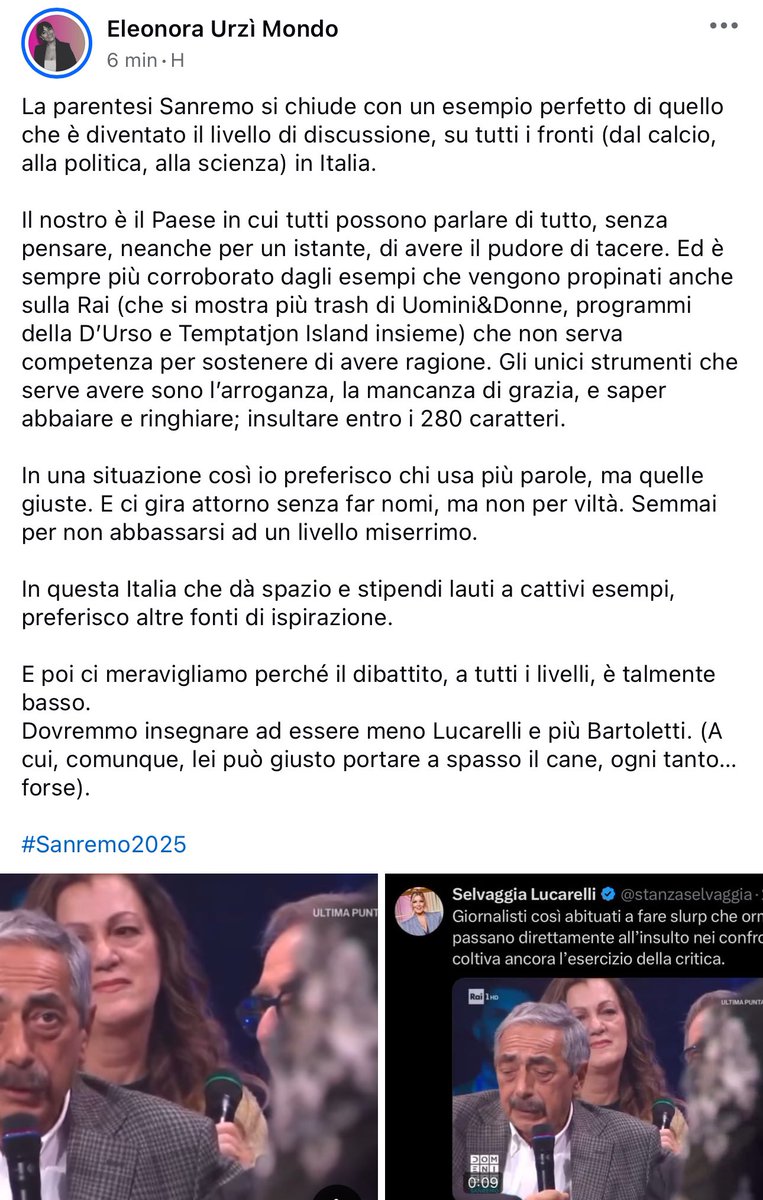 e_urzimondo's tweet photo. Meno #Lucarelli e più #bartoletti | La @Raiofficialnews smetta di dare spazio a certi esempi. Ringhiare e fare a gara a chi aggredisce e ferisce meglio, come giurati a gara di ballo -senza capire una mazza di danza- o opinionisti a #Sanremo -neanche di musica- non è un valore! https://t.co/hZkiLVqaco