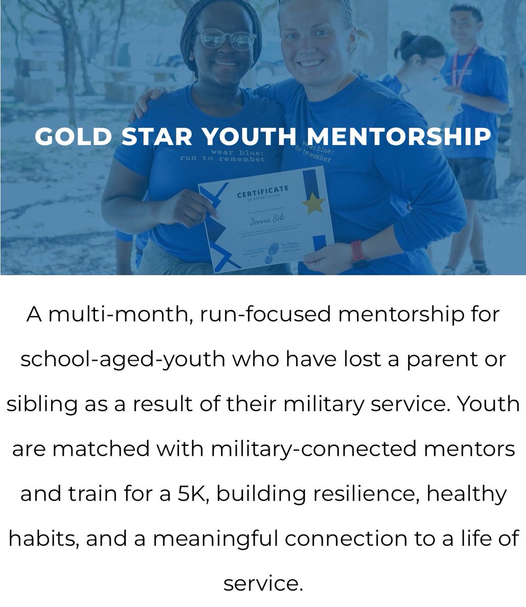 Behind every step, there's a story. Through the Gold Star Youth Mentorship Program, our #GotYour6 network partner <a href="/wearblue/">wear blue: run to remember</a> empowers military children with strong, supportive mentorship in their communities 💙 Learn More 🔗 wearblueruntoremember.org/programs <a href="/craignewmark/">craig newmark</a> <a href="/BobWoodruff/">Bob Woodruff</a>