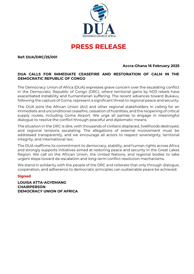 dua_africa's tweet image. The Democracy Union of Africa (DUA) calls for an immediate ceasefire and restoration of calm in the Democratic Republic of Congo(DRC) amidst escalating conflict and humanitarian crisis.

#Peace
#peaceforDRC
#Peace4DRC