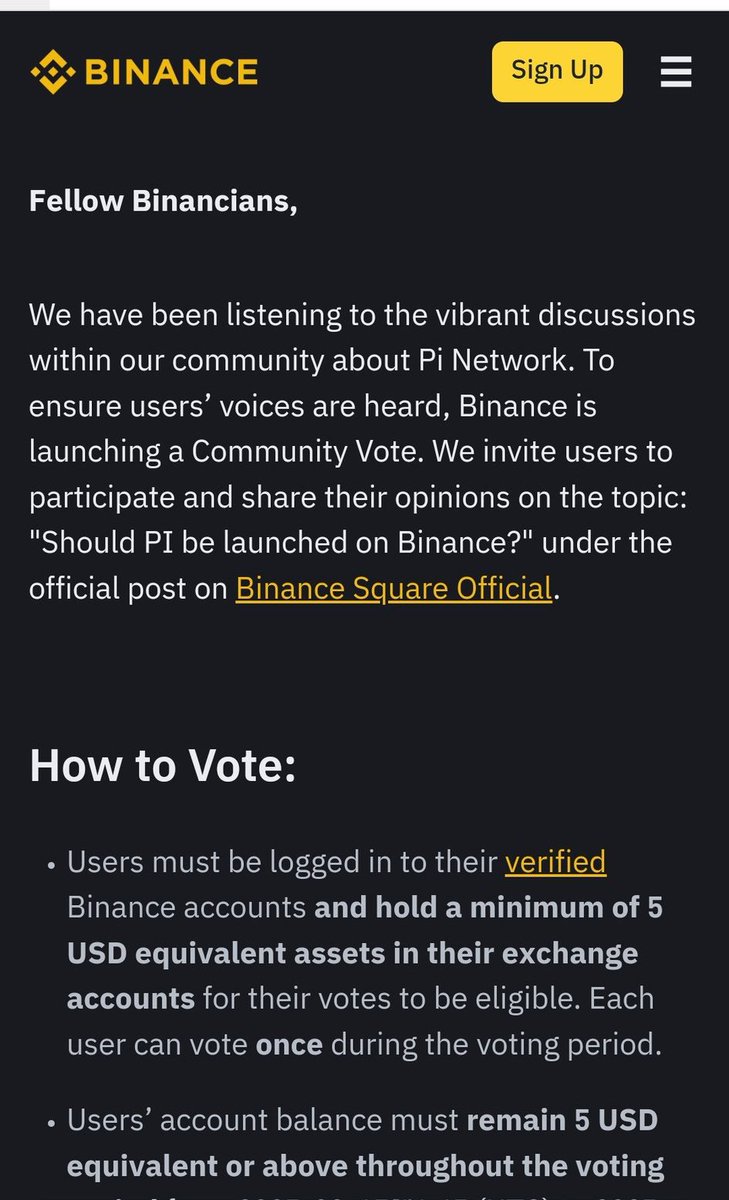 jatingupta0003's tweet photo. 🚨 BREAKING: Binance Community Vote for Pi Network!🚨  

📢 Fellow Pioneers, your voice matters! Binance is launching a Community Vote on whether $PI should be listed! 🔥  

🔹 How to Vote?

✅ Log in to your verified Binance account
✅ Hold at least $5 USD in assets throughout the voting period  
✅ Cast your vote under the official post on Binance Square 

🗳️ Voting Period:  
📅 Feb 17, 14:45 UTC – Feb 27, 23:59 UTC

📊 Daily results will be updated, but only valid votes will be counted in the final tally! 🚀  

🔗 Be part of history – Vote Now!

🔗 https://t.co/YyeB60duUh