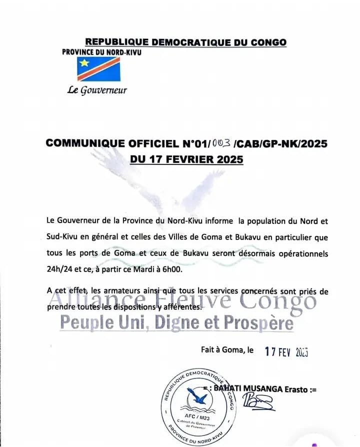 Le Gouverneur de la Province du Nord-Kivu informe la population que tous les ports des villes de Goma et Bukavu seront désormais opérationnels 24h/24 à compter de ce mardi à 6h00.

Les armateurs ainsi que tous les services concernés sont priés de prendre les dispositions