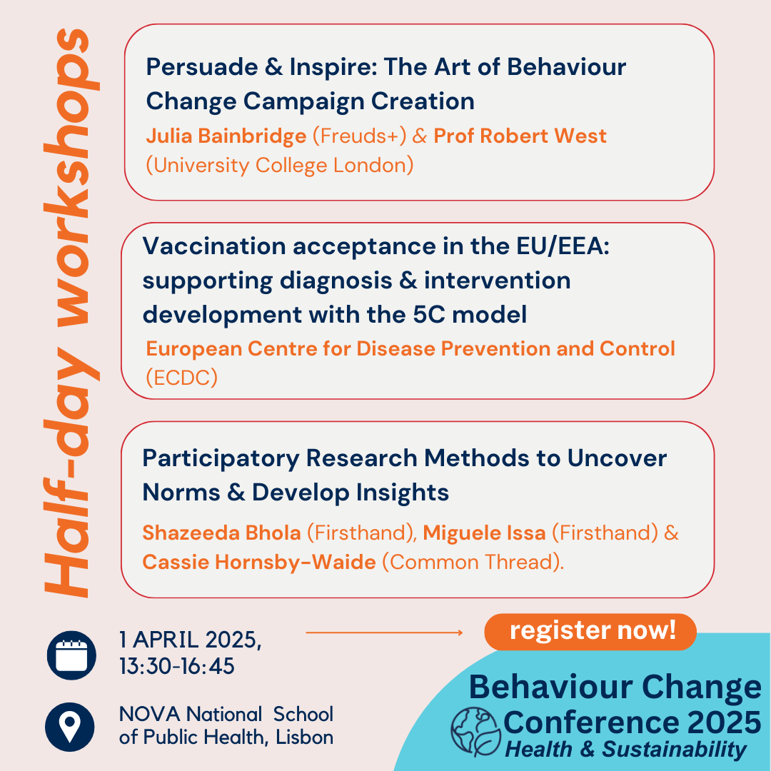 UCLBehaveChange's tweet image. Attending #BCConf2025 or local to Lisbon? Don’t miss our pre-conference workshops on 1 April! It's a great chance to gain in-depth knowledge from expert facilitators.
🔗 Learn more &amp;amp; book by 9 March: ucl.ac.uk/behaviour-chan…
#BehaviourChange #BehSci #Sustainability #Health