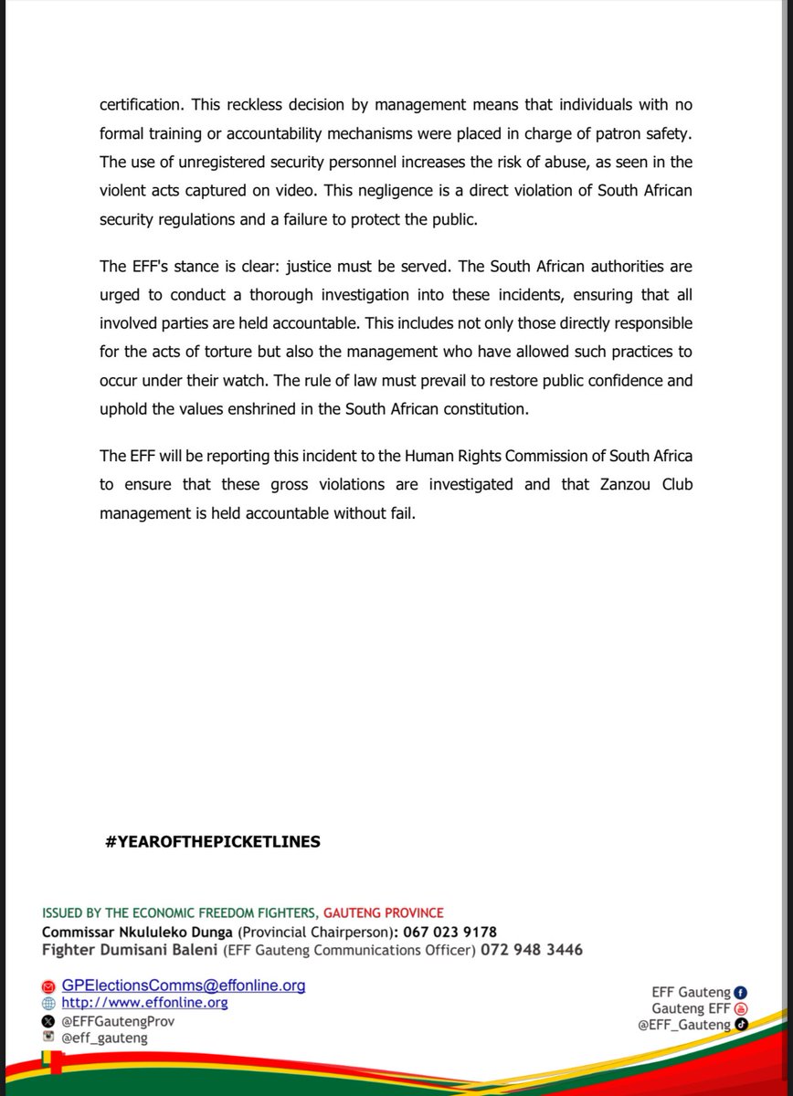 TshwaneEff's tweet photo. ♦️MEDIA STATEMENT♦️

EFF GAUTENG STATEMENT ON THE VIOLATION OF HUMAN RIGHTS IN
ZANZOU CLUB, PRETORIA

Media Release | 17 February 2025 https://t.co/E53DtKdEXZ