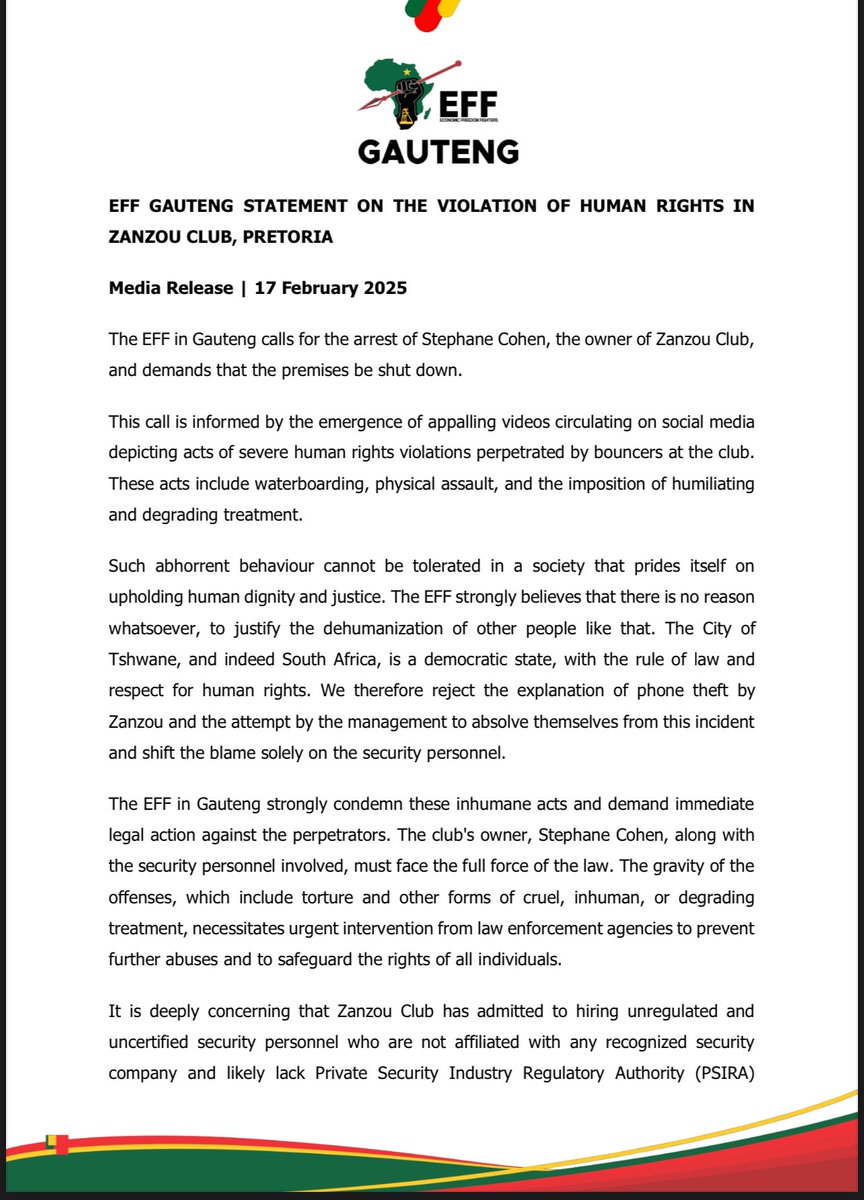 TshwaneEff's tweet photo. ♦️MEDIA STATEMENT♦️

EFF GAUTENG STATEMENT ON THE VIOLATION OF HUMAN RIGHTS IN
ZANZOU CLUB, PRETORIA

Media Release | 17 February 2025 https://t.co/E53DtKdEXZ