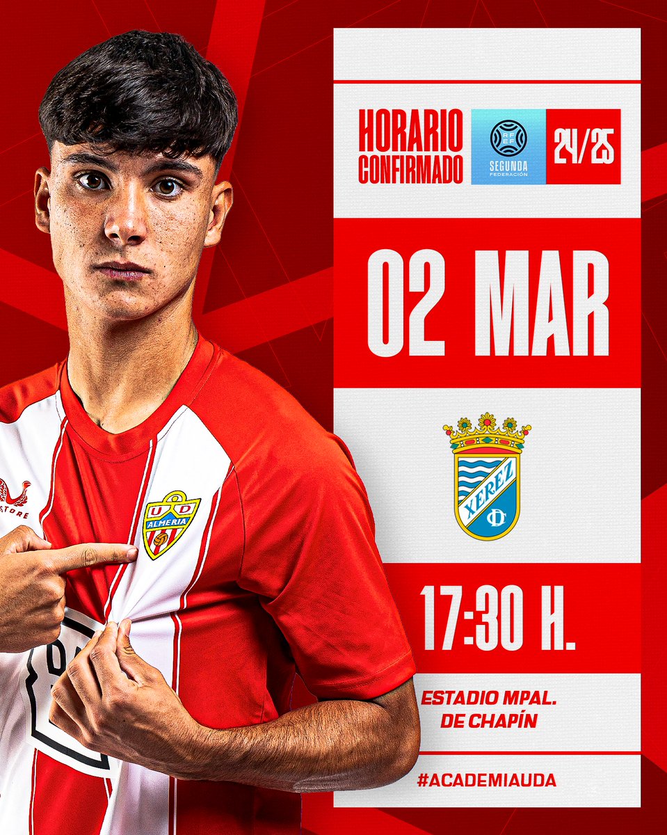 Conocemos fecha para un partidazo en un gran escenario 🔜🎯

🆚 <a href="/XerezCD_OFICIAL/">Xerez Club Deportivo</a> 
🗓 Domingo, 2 de marzo.
⌚️ 17:30 h.
📍 Estadio Municipal de Chapín

#AcademiaUDA 🦁🔴⚪️