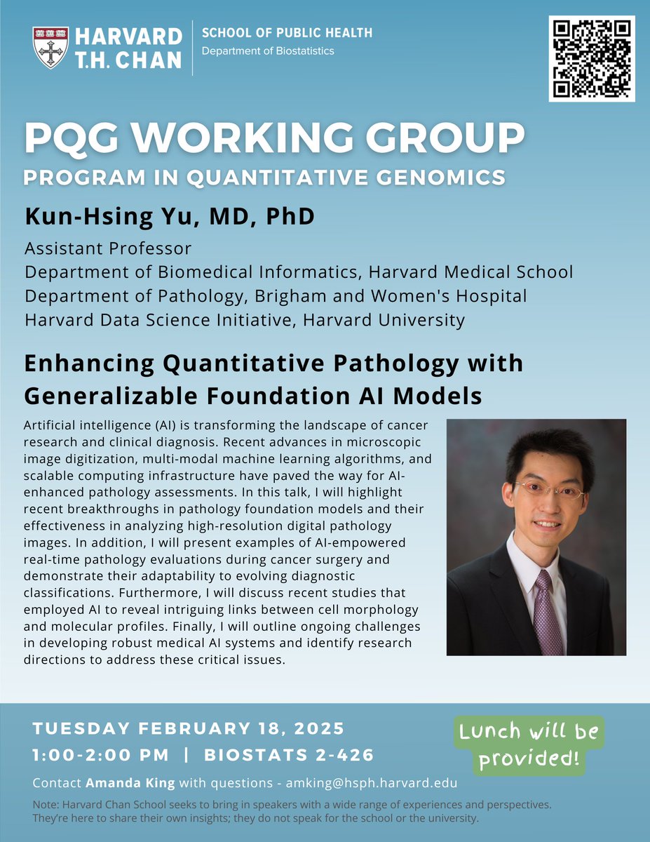Tony (@tony_chen6) on Twitter photo Please join us tomorrow at HSPH for a <a href="/HarvardPqg/">HarvardPQG</a> Working Group seminar with <a href="/kunhsingyu/">Kun-Hsing Yu</a> , who will be discussing AI foundation models in pathology! Please join us tomorrow at HSPH for a <a href="/HarvardPqg/">HarvardPQG</a> Working Group seminar with <a href="/kunhsingyu/">Kun-Hsing Yu</a> , who will be discussing AI foundation models in pathology!