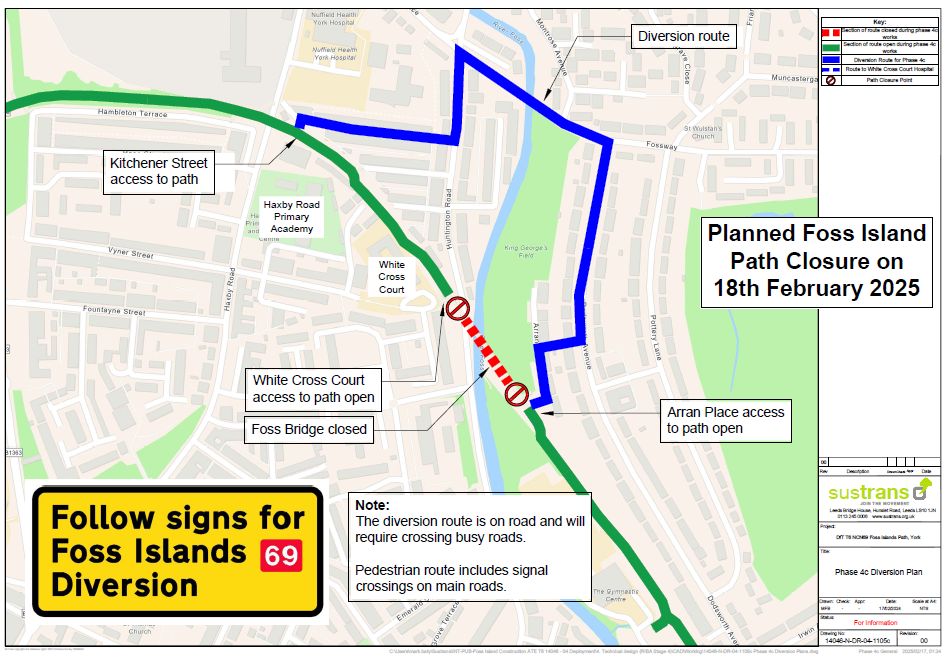 SustransNorth's tweet photo. ⛔ Route closure: Foss Island's Path, York
We'll be closing the path at Foss Bridge tomorrow morning (Tuesday 18th) to replace damaged parapet fencing on the bridge. See image for diversion.
The closure will be from 9:30 am on Tuesday 18/02/25 and should be finished by midday. https://t.co/fAhNr8G39f