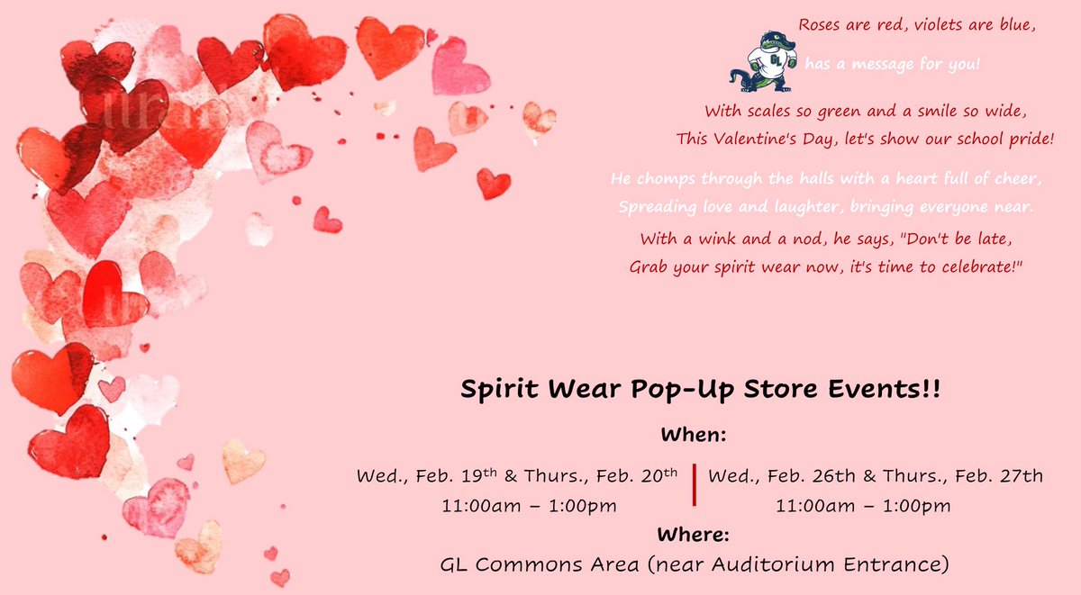 Need some new gear? A new sweatshirt for the cold weather? Or a t-shirt to get ready for Spring? Stop by the Spiritwear pop up shop in the Commons area this Wednesday and Thursday and next Wednesday and Thursday. 💯🔥