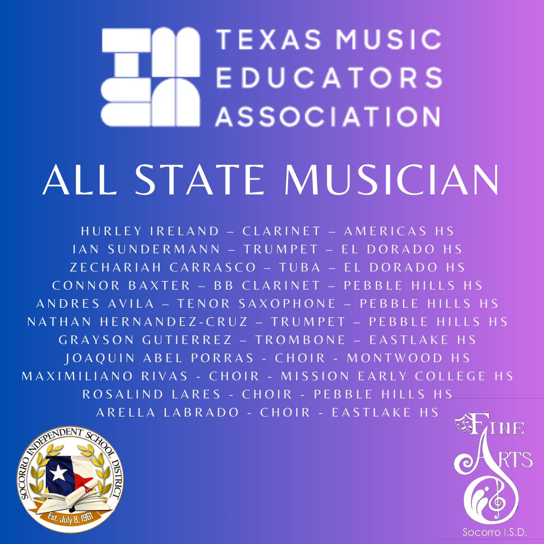 Congratulations to our #TeamSISD All State Musicians on their performances this weekend at the 2025 Texas Music Educators Association Convention. These amazing musicians are in the top 2% of musicians in the entire state! #SISDFineArts