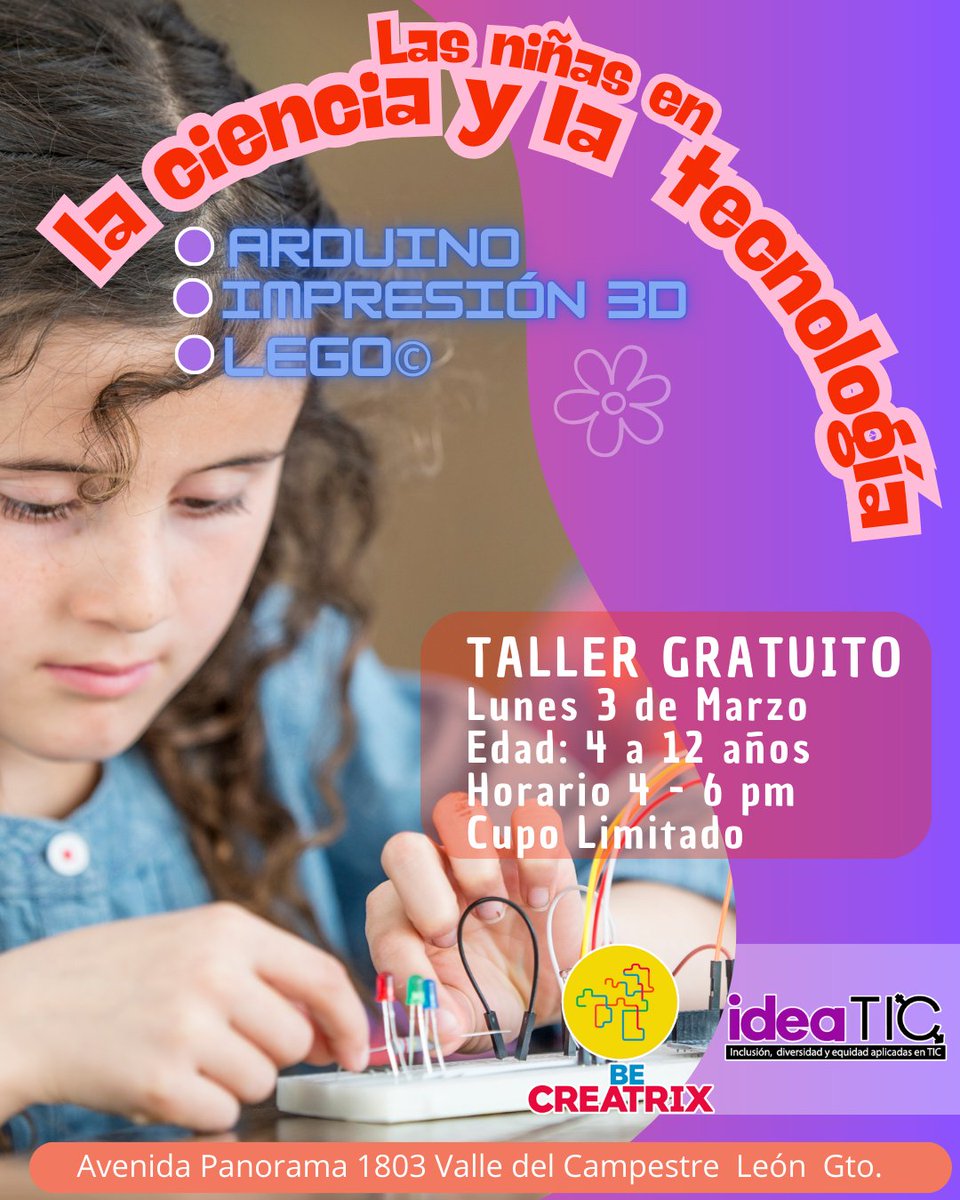 En el próximo taller de <a href="/becreatrix/">becreatrix</a>, las niñas de 4 a 12 años explorarán el fascinante mundo de la programación, la robótica y la ciencia. 🔬💻

📅3 de marzo
📍Av. Panorama 1803, Col. Valle del Campestre, León, Guanajuato.
🕒4:00 p.m.
🎟️  Regístrate aquí: bit.ly/3vlmgKM