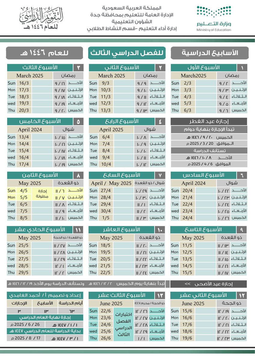 #الفصل_الدراسي_الثالث:

- يبدأ يوم الأحد 1446/9/2هـ

- ينتهي يوم الخميس 1447/1/1هـ

#وزارة_التعليم