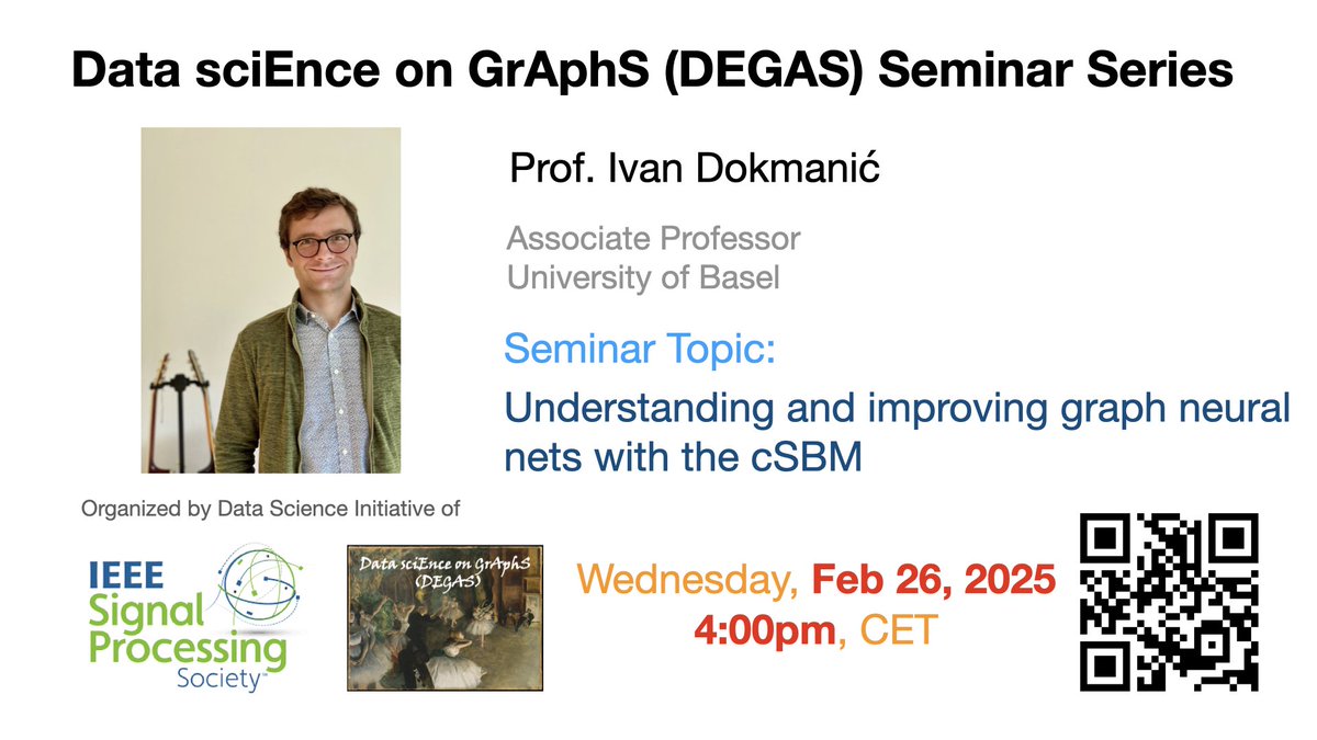 Our next talk will be given by <a href="/ivodokmanic/">Ivan Dokmanić</a> on "Understanding and improving graph neural nets with the cSBM". Join us on *Feb 26* (Wed) at *4pm CET* (New time!). Check out dsiseminar.github.io for details. #graphneuralnetworks