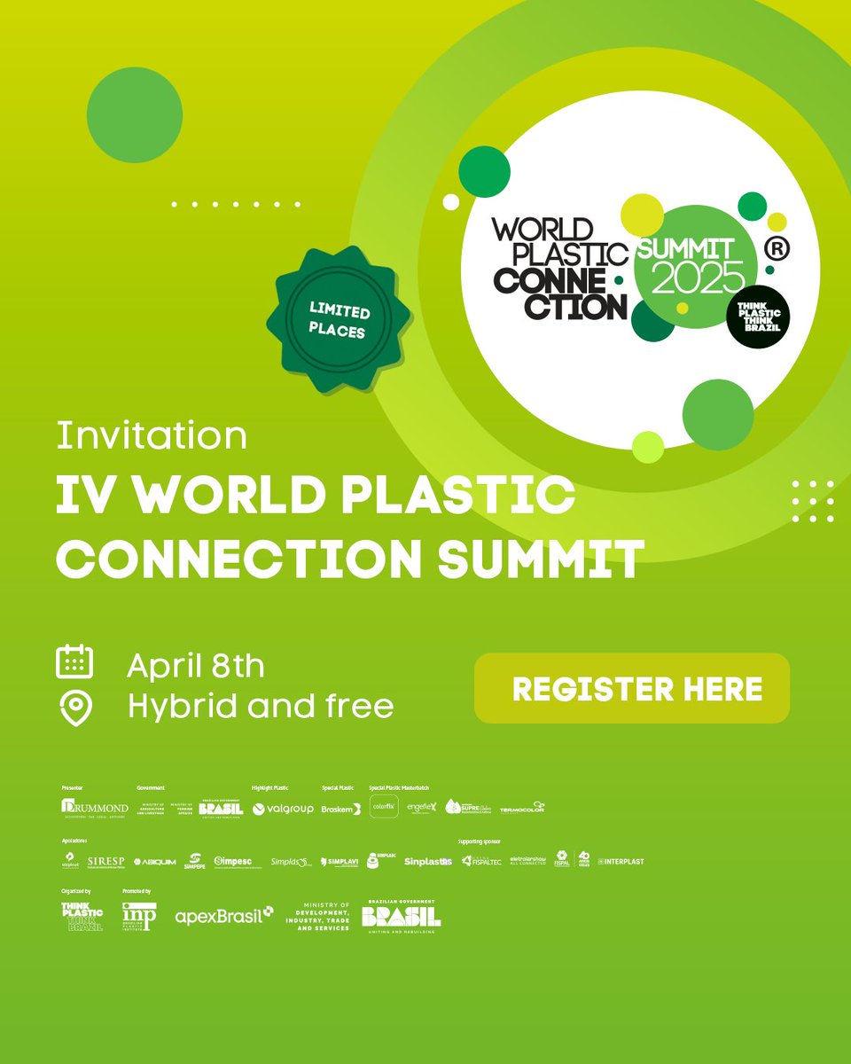 IV WORLD PLASTIC CONNECTION SUMMIT 2025
Hybrid and free event 
8-10 April 2025 - São Paulo - Brazil 

Now in its fourth edition, the Summit is the main meeting-point of the international converted plastics sector. To find out more visit: worldplasticconnectionsummit.com/en/