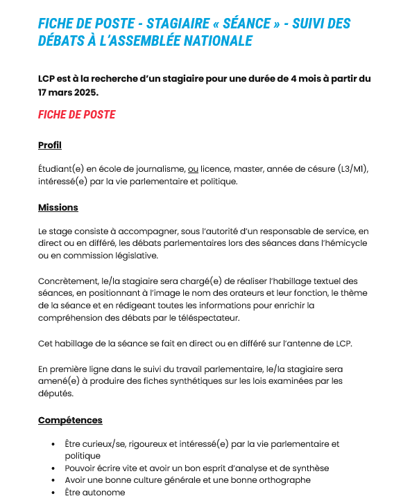LCP's tweet image. [STAGE] Vous êtes étudiant(e) en école de journalisme, en licence, en master, en année de césure (L3/M1), et la vie politique et parlementaire vous passionne ? Rejoignez @LCP. #Stage #DirectAN