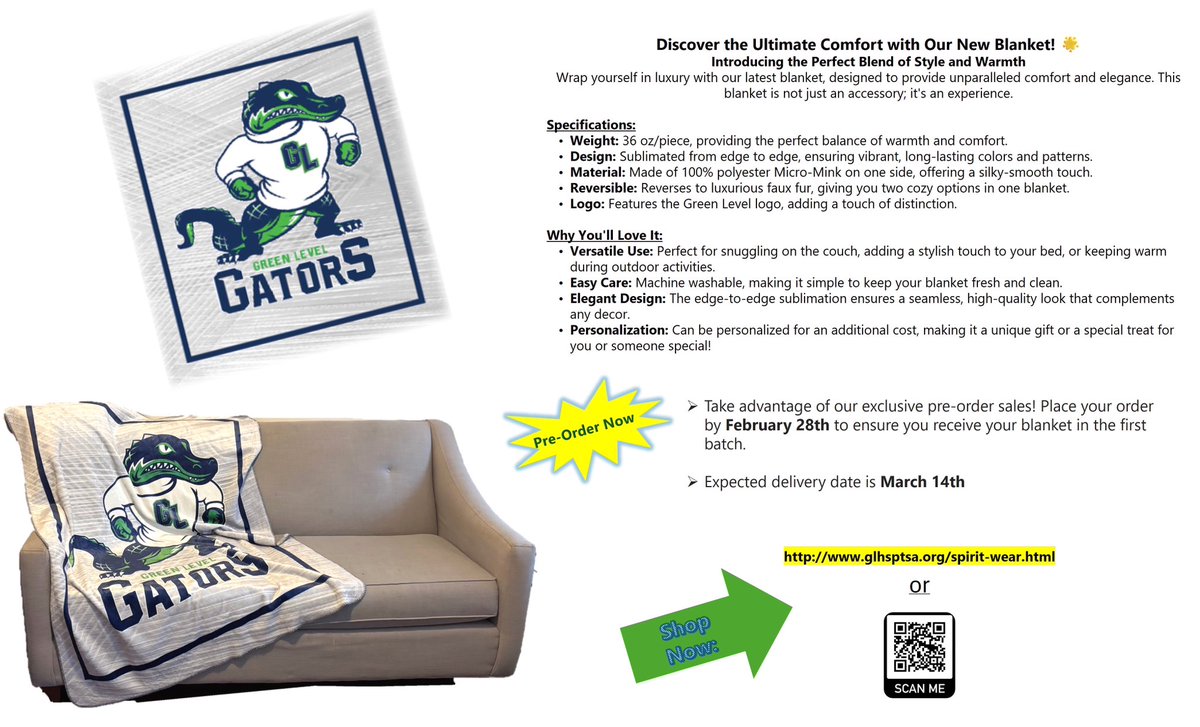 Check out our new GLHS Gator blanket! ✨Preorders are on sale now it’s the perfect thing to keep you warm at home or on the bleachers watching your fave GLHS team win! 🐊🏆

Preorder now at glhs-ptsa.givebacks.com/store/items/11…