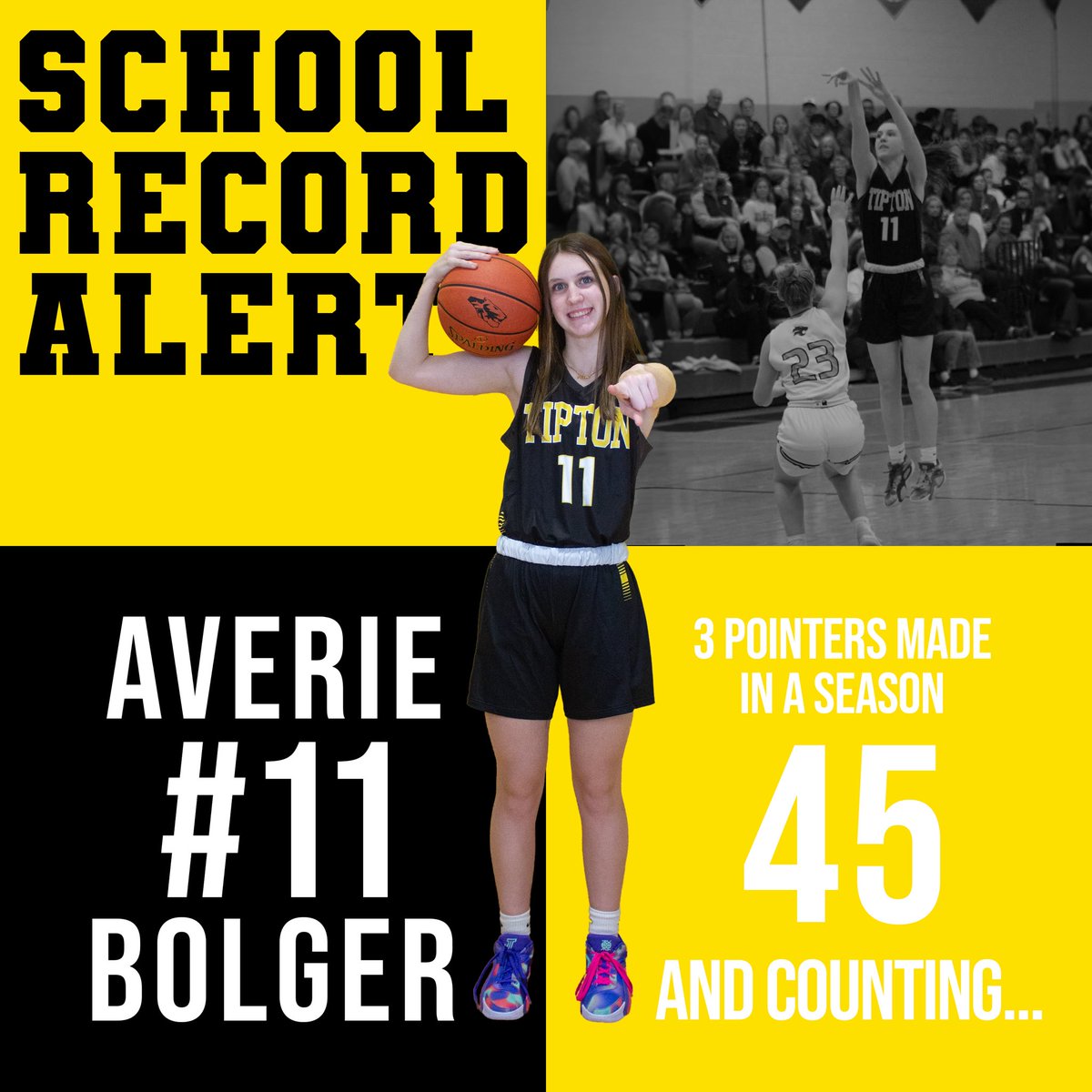 Getting the win Saturday night was awesome, on top of that we had a school record broken! Congratulations to Averie Bolger who broke the record for 3 pointers made in a season, making her 45th 3! 🐅🏀