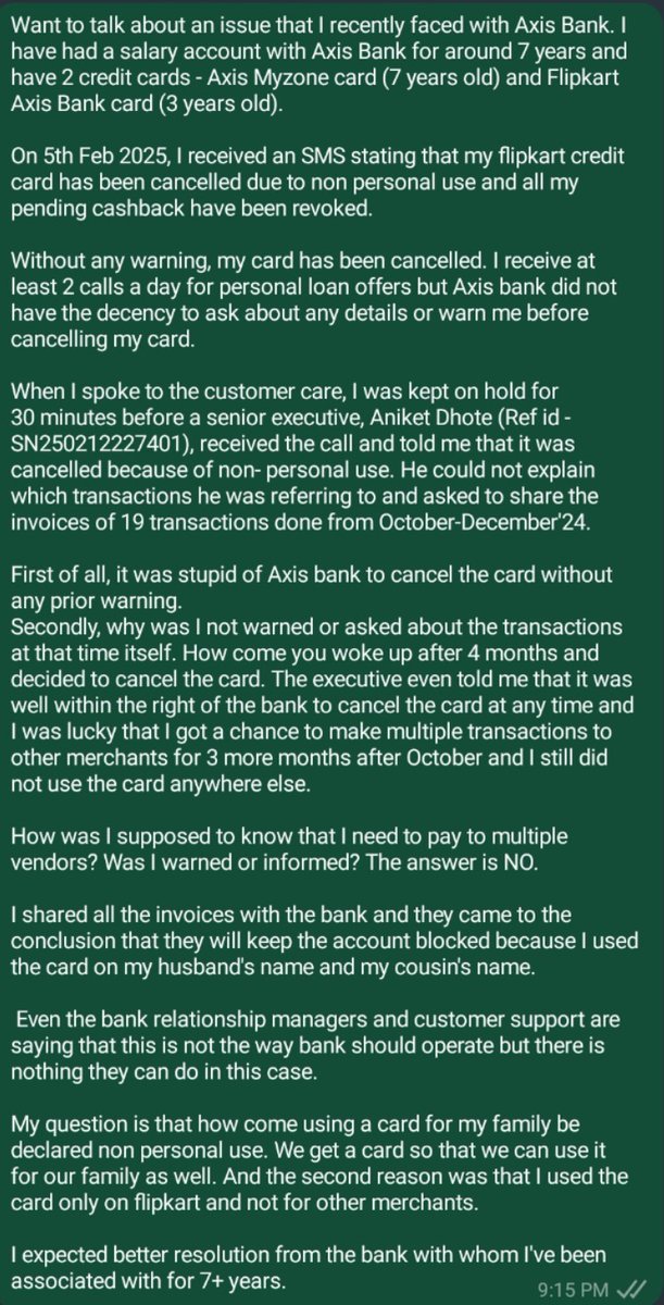 Issue with Axis Bank. My credit car got blocked as I used it only for 1 merchant. <a href="/AmitabhChaudhry/">Amitabh Chaudhry</a> <a href="/AxisBank/">Axis Bank</a>
Flipkart should rethink their association with the bank if the card gets blocked because of using it multiple times on flipkart during sale.<a href="/_Kalyan_K/">Kalyan Krishnamurthy</a> <a href="/flipkartsupport/">FlipkartSupport</a>