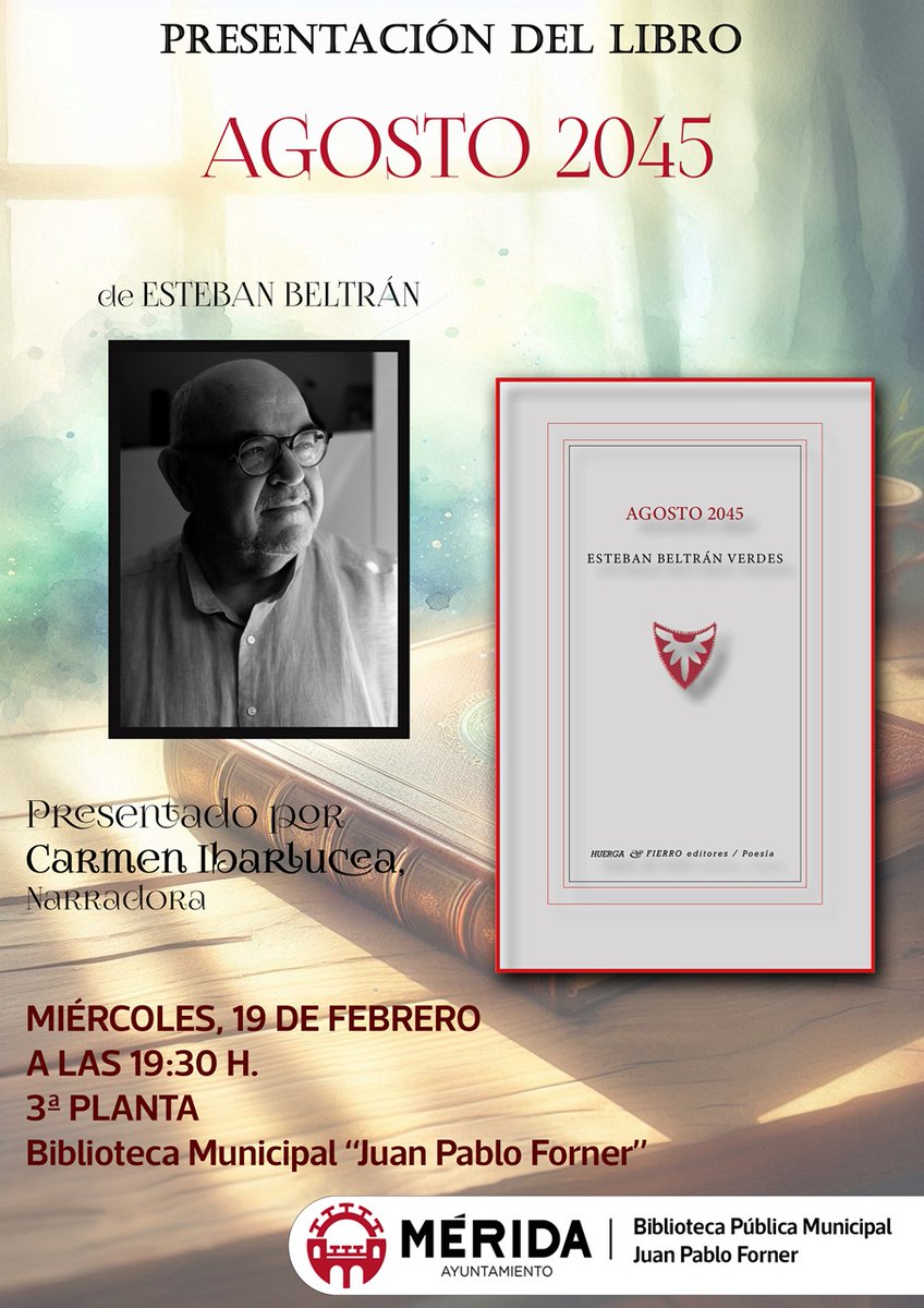📖 Este miércoles 19 de diciembre, a las 19:30 horas, la Biblioteca Municipal 'Juan Pablo Forner' de Mérida acoge la presentación del libro ‘Agosto 2045’ de <a href="/_estebanbeltran/">Esteban Beltran</a> que estará acompañado por Carmen Ibarlucea.