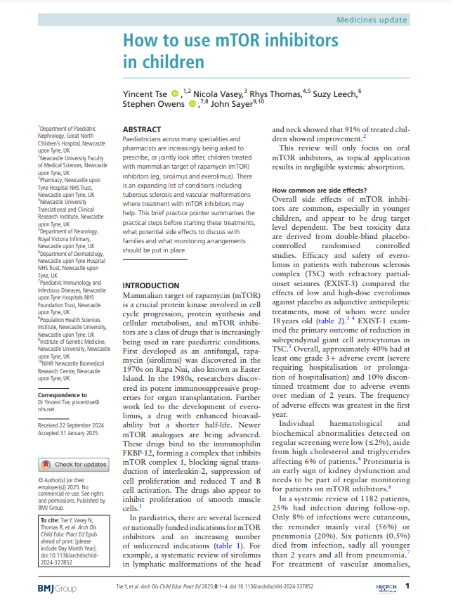 Medicines update
Many specialities increasingly using mammalian target of rapamycin (mTOR)
inhibitors (eg, sirolimus and everolimus) in children. Practical guide ep.bmj.com/content/early/…