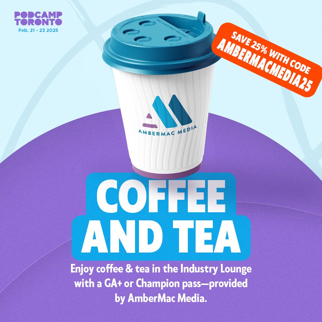 Heading to <a href="/PodCampToronto/">PodCampToronto</a> this weekend to learn more from the pros about the business of podcasting? 
AmberMac Media is proud to sponsor the Industry Lounge, coffee and tea on us! 
Plus, save 25% on your last min tickets with our company code: 2025.podcamptoronto.com/?discount=AMBE…