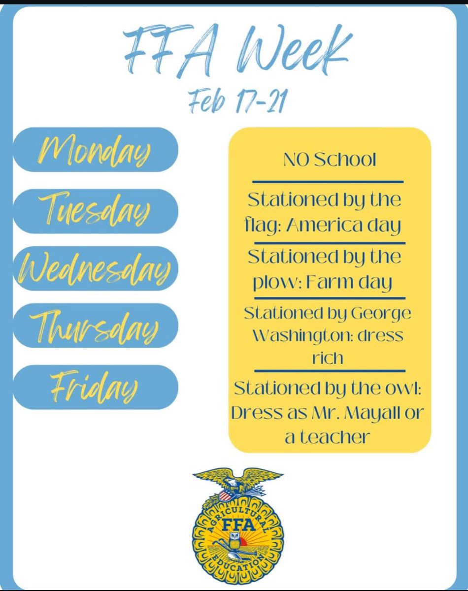 mayallscience's tweet photo. SRV FFA Week Dress-up Days for Junior High and High School - starts tomorrow! #4teamvalley https://t.co/m6WQC1aFjx
