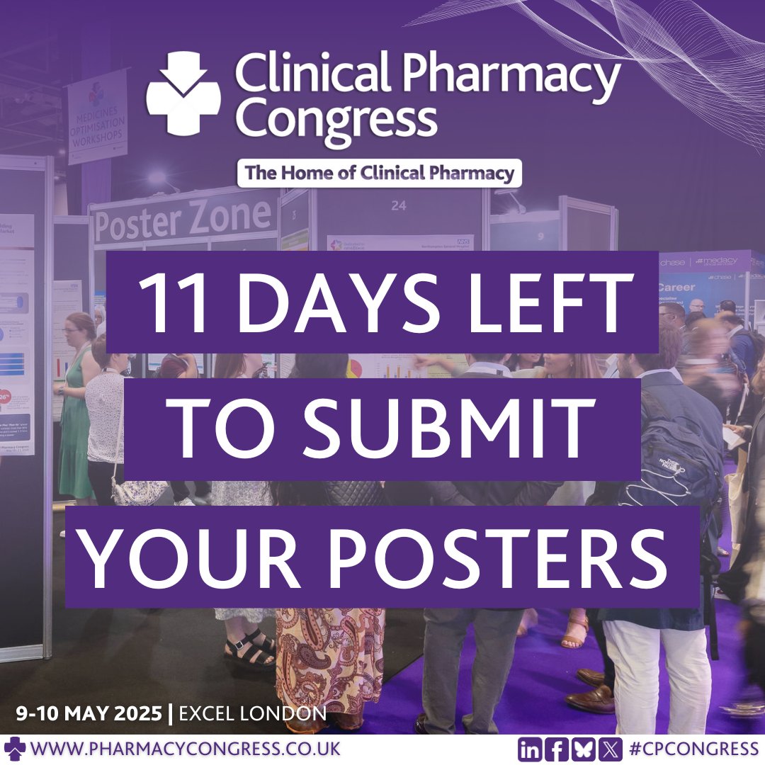CPCongress's tweet photo. 🚨JUST 11 DAYS LEFT to submit your abstract for the Poster Zone at Clinical Pharmacy Congress! 

Learn more here 👉https://t.co/2kl2qesawi

If you haven't already registered to get your free delegate pass for the event, do so here 👉https://t.co/sa2BOlMZx6

 #CPCongress https://t.co/CUU1XXghkj