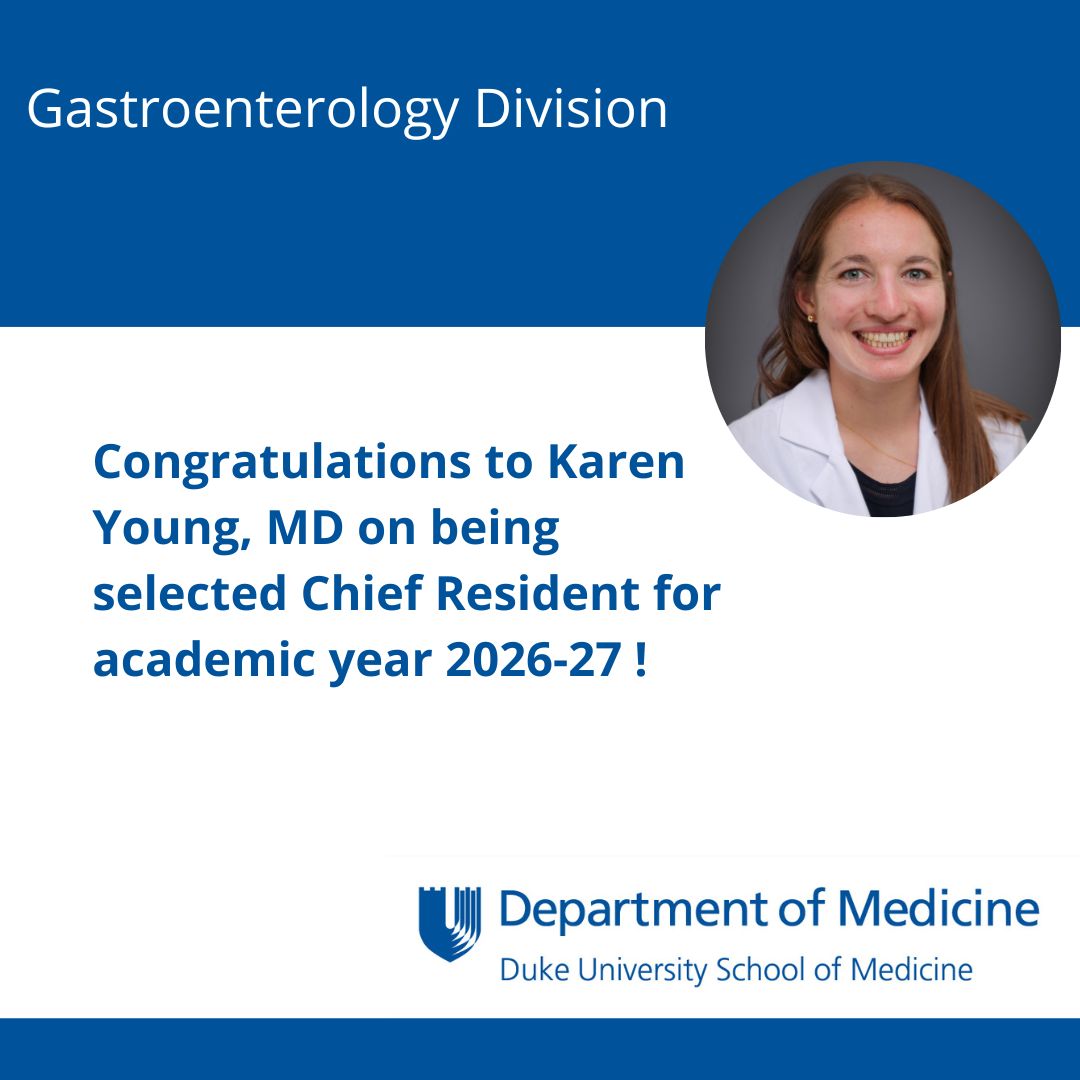 Duke GI (@duke_gi_) on Twitter photo š We're excited to send BIG congrats to Karen Young, MD, <a href="/IMResidencyDuke/">Duke IM Residency</a>, on being appointed as 2026-27 Chief Resident! We look forward to your leadership and contributions to the residency program <a href="/dukemedicine/">Duke Department of Medicine</a>! š
#GIGoodNews š We're excited to send BIG congrats to Karen Young, MD, <a href="/IMResidencyDuke/">Duke IM Residency</a>, on being appointed as 2026-27 Chief Resident! We look forward to your leadership and contributions to the residency program <a href="/dukemedicine/">Duke Department of Medicine</a>! š
#GIGoodNews