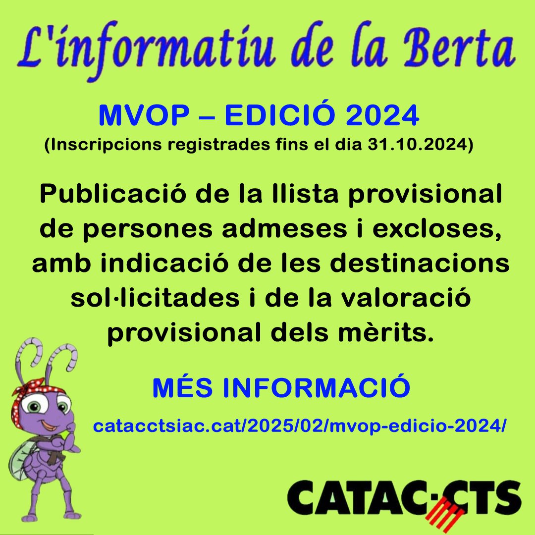 catacctsiac's tweet photo. MOVP- Edició 2024
Inscripcions realitzades fins el dia 31/10/2024

Publicació de la llista provisional de persones admeses i excloses, amb indicació de les destinacions sol·licitades i de la valoració provisional dels mèrits.

https://t.co/jIixYCTgzA

#MOVP
#ICS
#CATAC
#CATACCTS https://t.co/QqRmM8kKGn