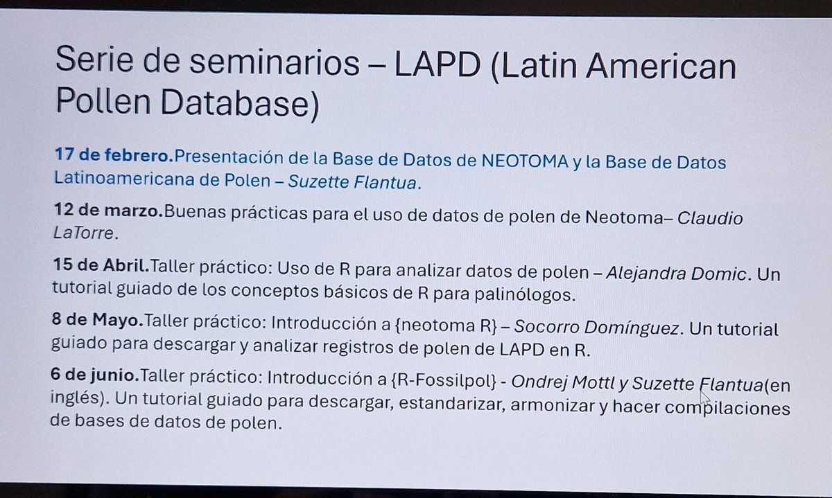 Paula Echeverría-Galindo (@paulaecheverra5) on Twitter photo Base de datos paleocológicos <a href="/neotomadb/">Neotoma Database</a> y Base de datos Latinoamericana de Polen
Gracias por la info <a href="/SuzetteFlantua/">Dr. Suzette Flantua - PPF-Alpine</a>
🗓¡Atentos a las próximas sesiones!
Grabaciones disponibles en youtube.com/@neotomadevia7… Base de datos paleocológicos <a href="/neotomadb/">Neotoma Database</a> y Base de datos Latinoamericana de Polen
Gracias por la info <a href="/SuzetteFlantua/">Dr. Suzette Flantua - PPF-Alpine</a>
🗓¡Atentos a las próximas sesiones!
Grabaciones disponibles en youtube.com/@neotomadevia7…