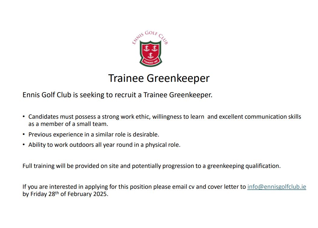 ⛳️ We are hiring ⛳️
We are currently recruiting for a Trainee Greenkeeper 😀
If you are interested in this position email your CV &amp; cover letter to info@ennisgolfclub.ie
#GolfJobs #Greenkeeping #greenkeeper #EnnisGolfClub #ennis #careeropportunities #careerdevelopment
