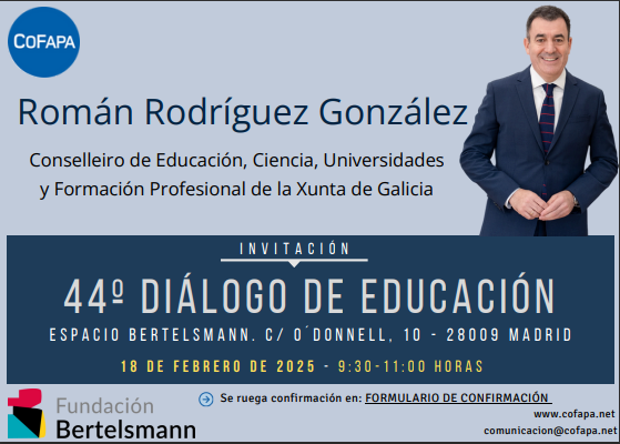Espacio Bertelsmann (@e_bertelsmann) on Twitter photo 📅Os esperamos mañana en el 44º Diálogo de educación organizado por <a href="/COFAPA_/">COFAPA 🧡</a> en colaboración con la <a href="/FBertelsmann/">FundaciónBertelsmann</a> .
📢En esta edición contaremos con la participación de <a href="/RomanLalin/">Román Rodríguez</a> Conselleiro de Educación, Ciencia, Universidades y FP de la Xunta de Galicia. 📅Os esperamos mañana en el 44º Diálogo de educación organizado por <a href="/COFAPA_/">COFAPA 🧡</a> en colaboración con la <a href="/FBertelsmann/">FundaciónBertelsmann</a> .
📢En esta edición contaremos con la participación de <a href="/RomanLalin/">Román Rodríguez</a> Conselleiro de Educación, Ciencia, Universidades y FP de la Xunta de Galicia.