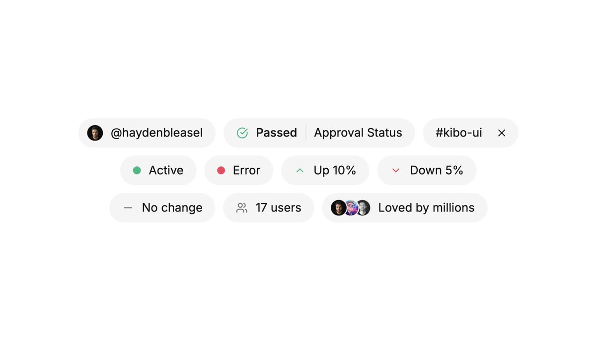Kibo UI now has <a href="/shadcn/">shadcn</a> pills, a flexible badge-like component designed for a variety of use cases! Supports:

- Avatars
- Avatar Stacks
- Icons
- Indicators
- Deltas
- Statuses

and whatever else you can come up with!

kibo-ui.com/pill