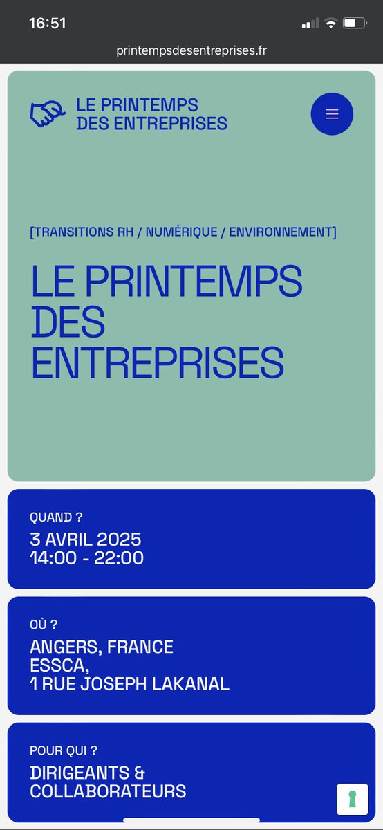 💚Le site web du Printemps des Entreprises réalisé en pro bono par <a href="/yellowbr1cks/">Yellow-Br1cks</a>
Un événement porté par les acteurs économiques du 49 le 03/04 à l'<a href="/ESSCA_Ecole/">ESSCA</a> 
Nous y parlerons #transitions : RH, écologique et numérique. 
Réservez sur le site : printempsdesentreprises.fr !
