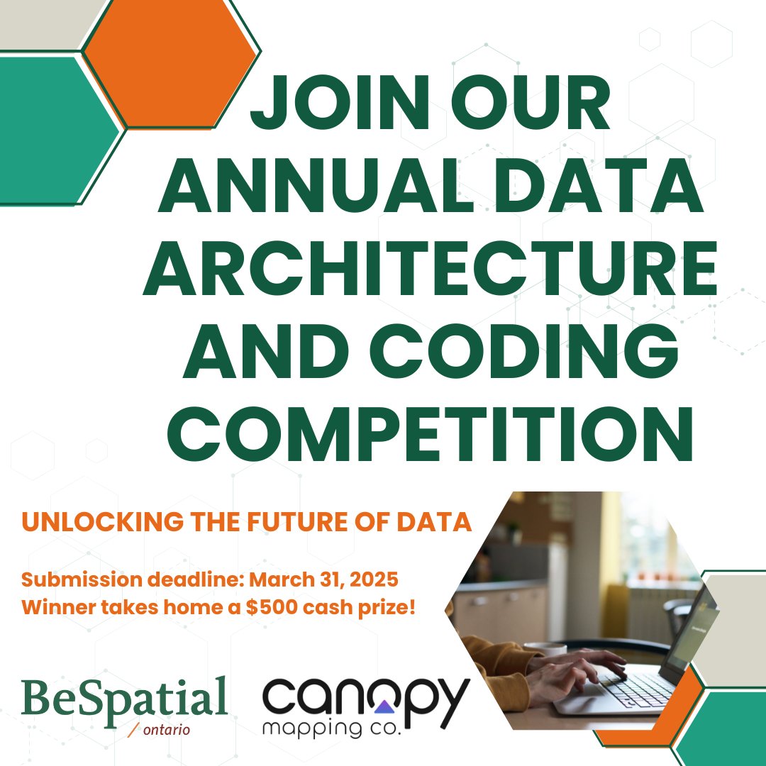 Submit your groundbreaking solutions—models, scripts, schemes, and applications— to the Annual Data Architecture and Coding Competition! Submit by: Monday, March 31, 2025

Winner, announced at BeSpatial’25, receives a $500 cash prize!

Details here: bit.ly/3ZjWRPo