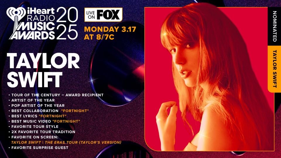 🏆| Taylor Swift is nominated for 6 fan voted categories at the iHeartRadio Music Awards 2025!

Vote now 🇺🇸🇦🇺🇳🇿🇨🇦🇲🇽, today you can double your votes: iHeartRadio.com/Awards