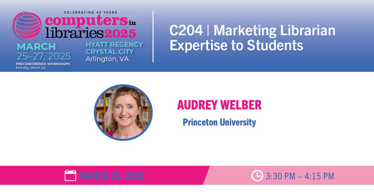 ITI Events (@libconf) on Twitter photo Find out how to market librarian expertise to students with Audrey Welber, <a href="/PULibrary/">Princeton University Library</a>. Hear how she turned outreach efforts into buzzworthy campus programs at #CILDC. Register with code SOC25 for early bird pricing before Feb 21st! ow.ly/G9iB30sJFn4 Find out how to market librarian expertise to students with Audrey Welber, <a href="/PULibrary/">Princeton University Library</a>. Hear how she turned outreach efforts into buzzworthy campus programs at #CILDC. Register with code SOC25 for early bird pricing before Feb 21st! ow.ly/G9iB30sJFn4