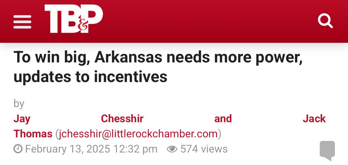 Jack Thomas (@jackthomas_ar) on Twitter photo Over the last year, weāve hosted companies looking to invest over $20+ billion in Arkansas. This outlook is unprecedented, but thereās one catch. We simply do not have enough power to meet the demands of these opportunities.
More on this in <a href="/TBArkansas/">TalkBusinessArkansas</a>: talkbusiness.net/2025/02/to-win⦠Over the last year, weāve hosted companies looking to invest over $20+ billion in Arkansas. This outlook is unprecedented, but thereās one catch. We simply do not have enough power to meet the demands of these opportunities.
More on this in <a href="/TBArkansas/">TalkBusinessArkansas</a>: talkbusiness.net/2025/02/to-winā¦