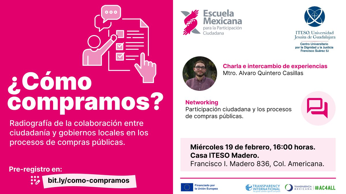 Escuela Mexicana para la Participacion Ciudadana (@escmexicanaciud) on Twitter photo 🚨🚨 ¿Cómo compran los gobiernos locales? ¿qué impactos tienen las compras públicas para el acceso a los derechos humanos?
¿La ciudadanía debe tener un papel más activo?
De esto y más hablaremos con <a href="/alvaro_qc/">Álvaro Quintero</a>
Regístrate en bit.ly/como-compramos
🗓️ 19 de febrero
⏰ 16:00 horas 🚨🚨 ¿Cómo compran los gobiernos locales? ¿qué impactos tienen las compras públicas para el acceso a los derechos humanos?
¿La ciudadanía debe tener un papel más activo?
De esto y más hablaremos con <a href="/alvaro_qc/">Álvaro Quintero</a>
Regístrate en bit.ly/como-compramos
🗓️ 19 de febrero
⏰ 16:00 horas