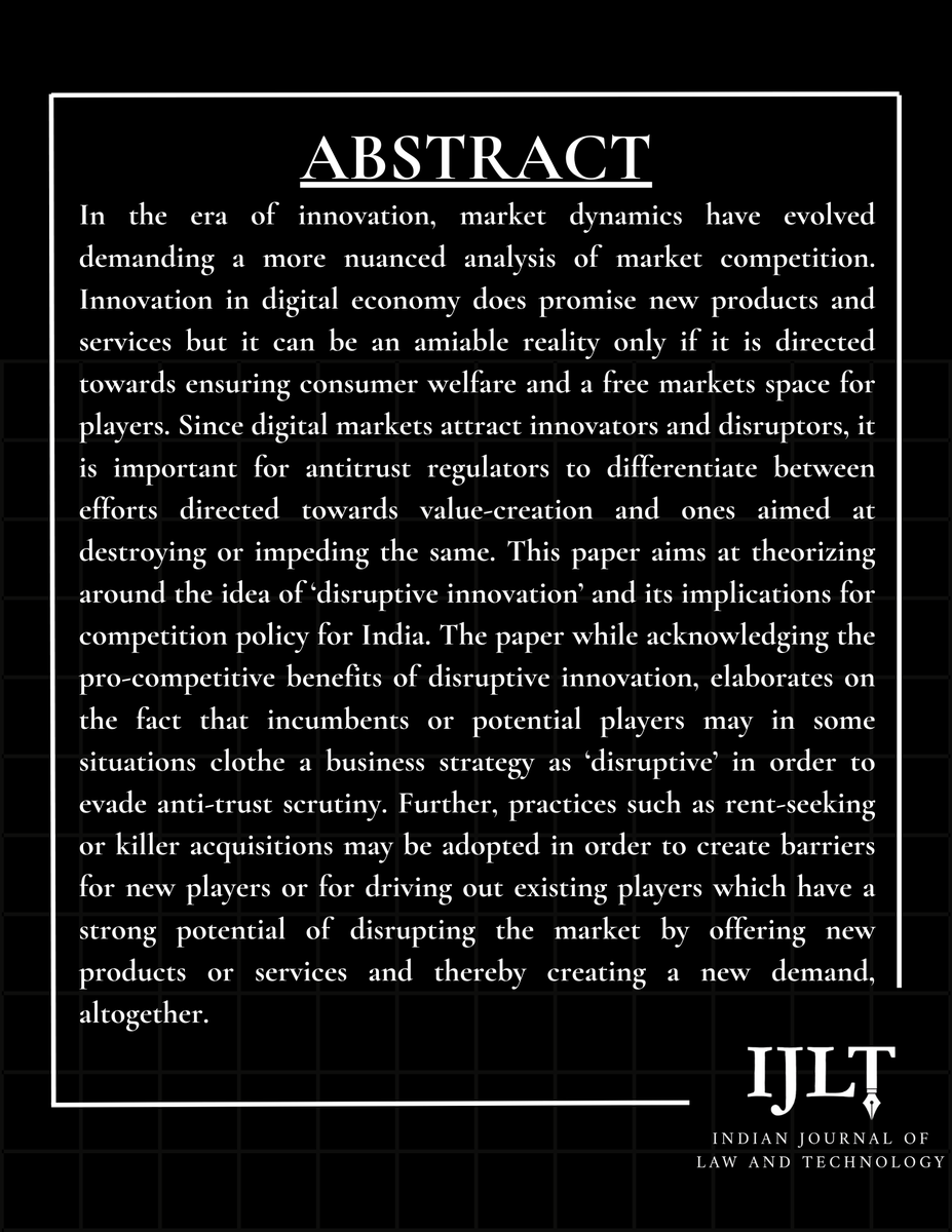 ijltnls's tweet photo. In 19(1)'s 3rd article Sudhanshu Kumar and Garima Gupta explore how competition policy must respond to disruptive innovations. #antitrust #cci #techlaw #IJLT #competitioncommission

Read: https://t.co/j9bzLhiAW2 https://t.co/hEWnNPDiLb