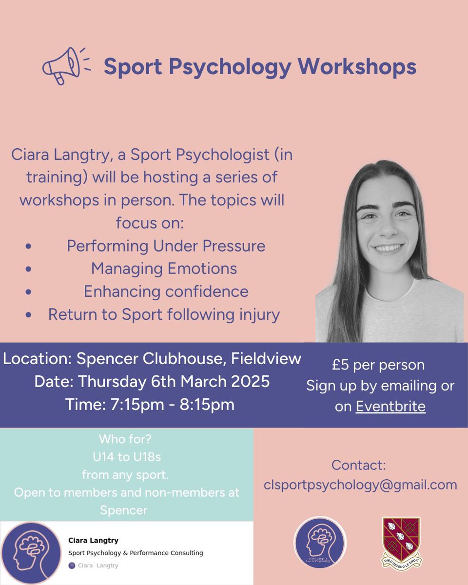 Ciara Langtry is one of our top performance coaches. She is hosting a series of sport psychology workshops at Spencer Club - these will be relevant to juniors from any sport, and are open to members and non-members, particularly aimed at those aged 13-18. eventbrite.com/e/sport-psycho…