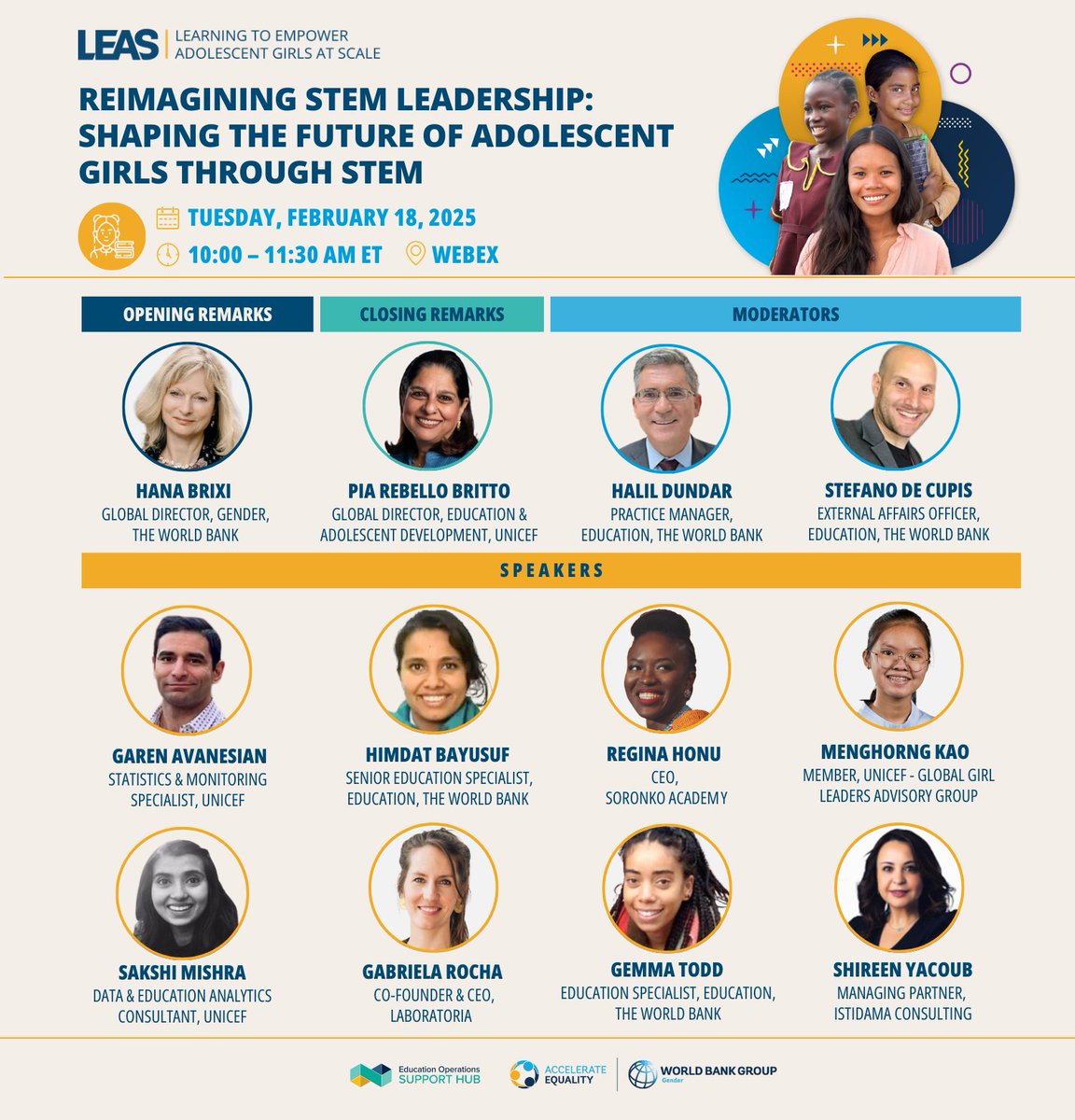 JOIN US!

"Reimagining STEM Leadership: Shaping the Future of Adolescent Girls through STEM"

📅Feb. 18
⏰10AM EST
ℹ️wrld.bg/5mfg50V0PrA

<a href="/WBG_Gender/">WBG Gender</a> <a href="/UNICEFEducation/">UNICEF Education</a> @laboratoriala <a href="/soronkoacademy/">Soronko Academy</a> <a href="/ShireenYacoub/">Shireen Yacoub</a> <a href="/ragyare/">Regina Honu</a> @PiaBritto

#InvestInPeople #WomenInSTEM
