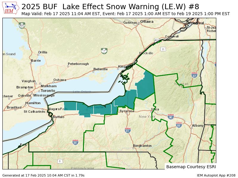 BUF extends time and expands area to include Lake Effect Snow Warning for Monroe, Orleans [NY] till Feb 19, 1:00 PM EST mesonet.agron.iastate.edu/vtec/f/2025-O-…