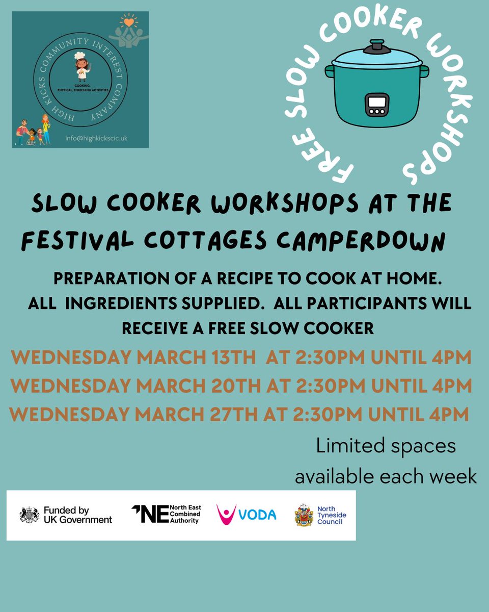 We are delighted to support the FREE slow cooker workshops in March here at the JWS. 
They are open to all, and each participant receive a 3.5ltr slow cooker to take home with a recipe booklet and all the ingredients for that session.
Please email info@highkickscic.uk to book