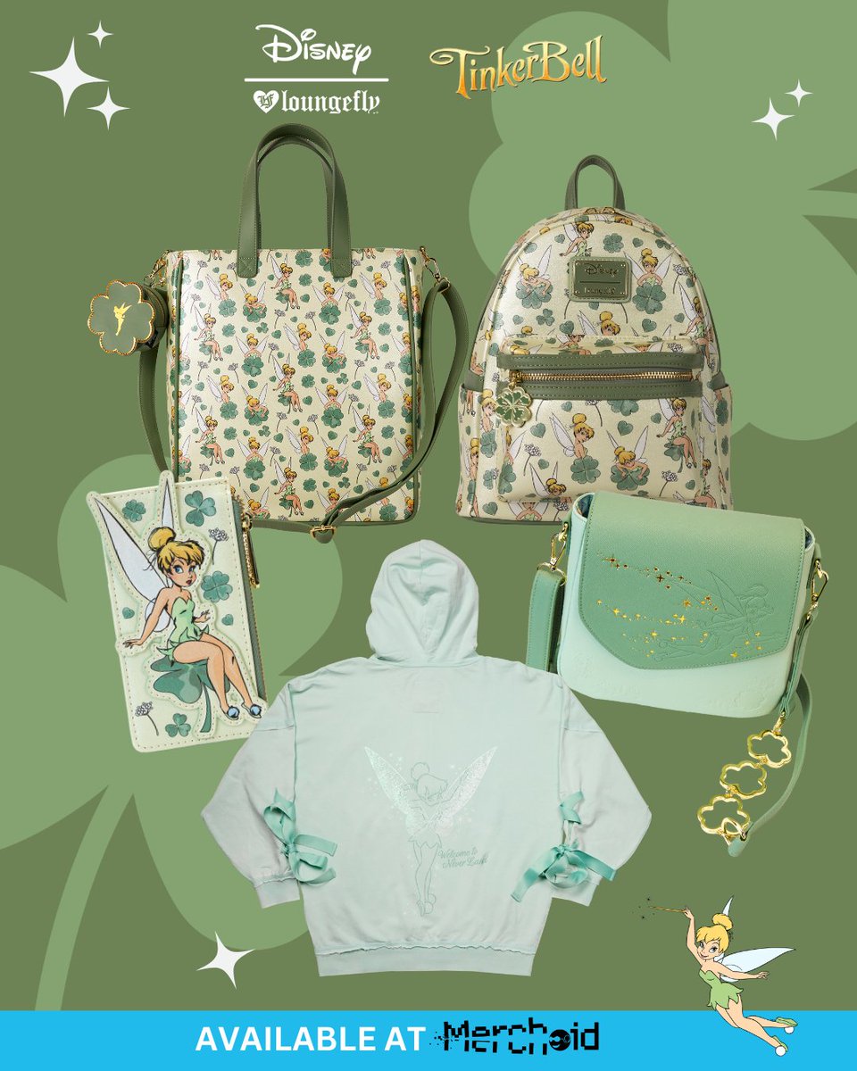 merchoid's tweet image. ✨ Sprinkle a little luck and pixie dust into your style! 🍀🧚‍♀️ The new @Loungefly Tinker Bell collection is here 💚✨

Shop the full collection here- shorturl.at/KHB5h
 #Loungefly #TinkerBell #DisneyMagic #FeelingLucky